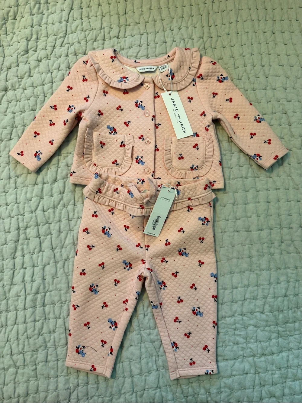 NWT Janie and Jack Pink Quilted Cherry-Print Set 3-6 months